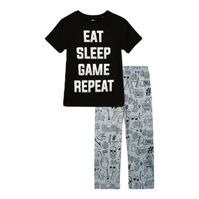 Boys' black and grey 'Eat sleep game repeat' print top and bottoms set